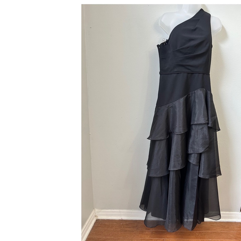 Aidan Mattox Adrianna Papell Black One Shoulder Tiered Ruffle Gown Dress 10 - Picture 2 of 10